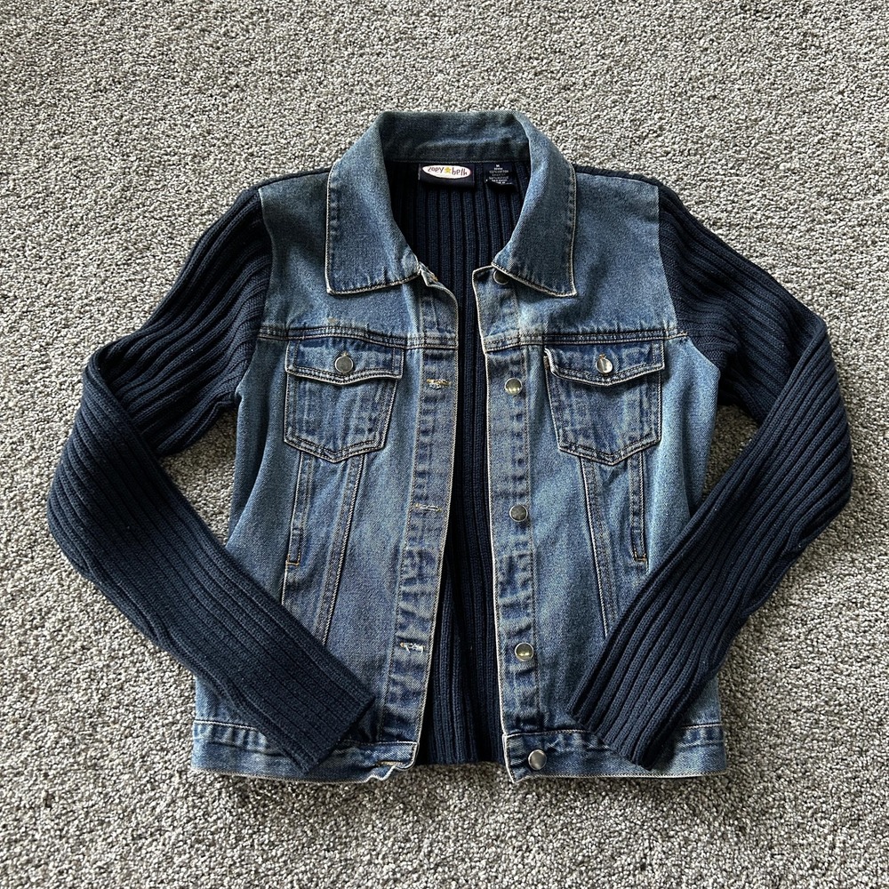 Zoey Beth Jacket Girls M Blue Denim Ribbed Knit Sleeves Button Front Collared